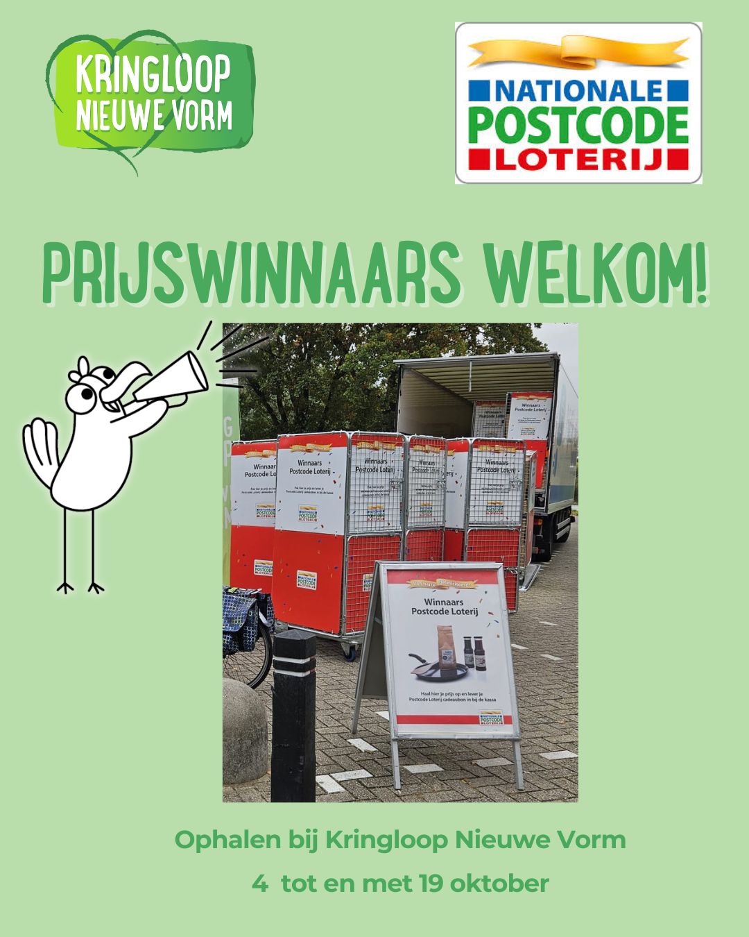 🎉 𝙒𝙞𝙣𝙣𝙖𝙖𝙧𝙨 𝙫𝙖𝙣 𝙙𝙚 𝙋𝙤𝙨𝙩𝙘𝙤𝙙𝙚 𝙇𝙤𝙩𝙚𝙧𝙞𝙟: 𝙫𝙖𝙣 𝙝𝙖𝙧𝙩𝙚 𝙬𝙚𝙡𝙠𝙤𝙢 𝙗𝙞𝙟 𝙆𝙧𝙞𝙣𝙜𝙡𝙤𝙤𝙥 𝙉𝙞𝙚𝙪𝙬𝙚 𝙑𝙤𝙧𝙢!🎁

Inwoners uit postcodegebied 3433 Nieuwegein kunnen hun prijs ophalen bij ons in de winkel!  De actie loopt van 4 tot en met 19 oktober. Wij hebben de prijzen al klaarstaan. 

Kom dus gezellig langs om je prijs op te halen — en neem meteen even de tijd om te snuffelen tussen onze meubels, kleding, boeken en meer. Wie weet ga je niet alleen met je prijs, maar ook met een paar leuke vondsten naar huis! 💚

📍 Kringloop Nieuwe Vorm – Nieuwegein, Drenthehaven 2
📅 Actieperiode: 4 t/m 19 oktober

#PostcodeLoterij #PrijsOphalen #Nieuwegein #KringloopNieuweVorm #TweedehandsGeluk