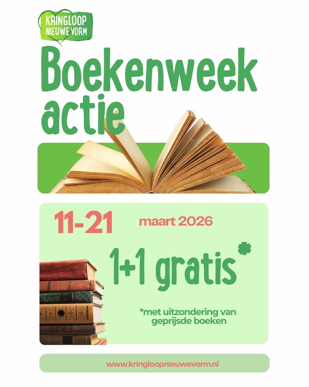 📚 𝗕𝗼𝗲𝗸𝗲𝗻𝘄𝗲𝗲𝗸 𝗯𝗶𝗷 𝗞𝗿𝗶𝗻𝗴𝗹𝗼𝗼𝗽 𝗡𝗶𝗲𝘂𝘄𝗲 𝗩𝗼𝗿𝗺!

In het kader van de 𝗕𝗼𝗲𝗸𝗲𝗻𝘄𝗲𝗲𝗸 hebben we een leuke actie:
𝟭 + 𝟭 𝗴𝗿𝗮𝘁𝗶𝘀 op alle boeken.

De actie loopt 𝘁/𝗺 𝟮𝟭 𝗺𝗮𝗮𝗿𝘁.

Met uitzondering van de geprijsde boeken.

Kom lekker snuffelen tussen de vele boeken in onze winkel en neem gerust een extra boek mee naar huis! 📖

#KringloopNieuweVorm #Boekenweek #Boekenliefde #Lezen #Tweedehands #Nieuwegein